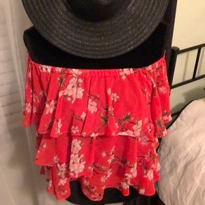 Forever 21 Red Floral Off-The-Shoulder Crop Top, L